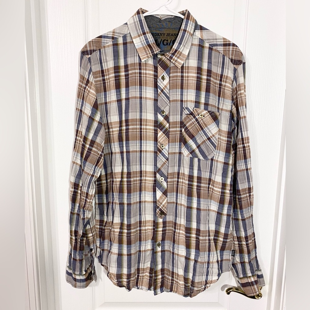 Y2K DKNY Plaid Crinkle Cotton Button Down Shirt Brown Blue Men’s Large